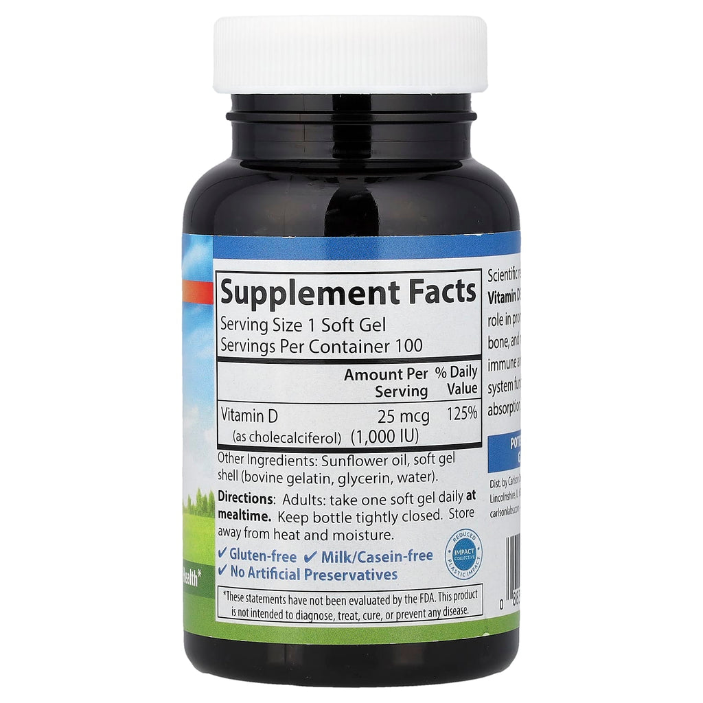 Carlson, Vitamin D3, 25 mcg (1,000 IU), 100 Soft Gels