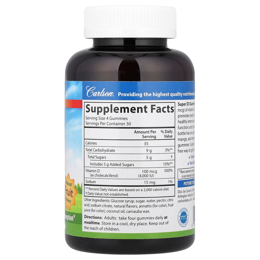 Carlson, Super D3 Gummies, Natural Fruit, 120 Vegetarian Gummies (25 mcg (1,000 IU) per Gummy)