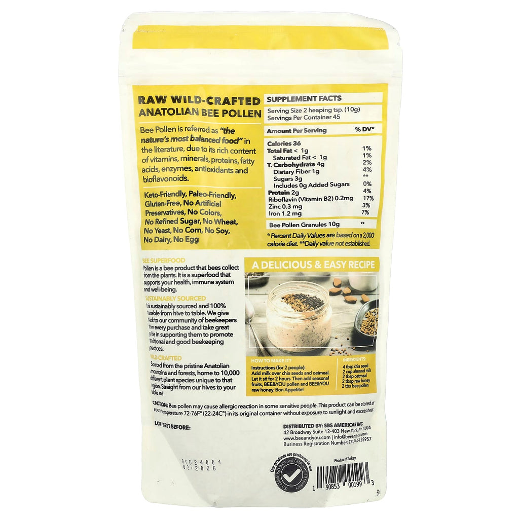 Bee & You, Raw Wild-Crafted Anatolian Bee Pollen, 16 oz (453.5 g)