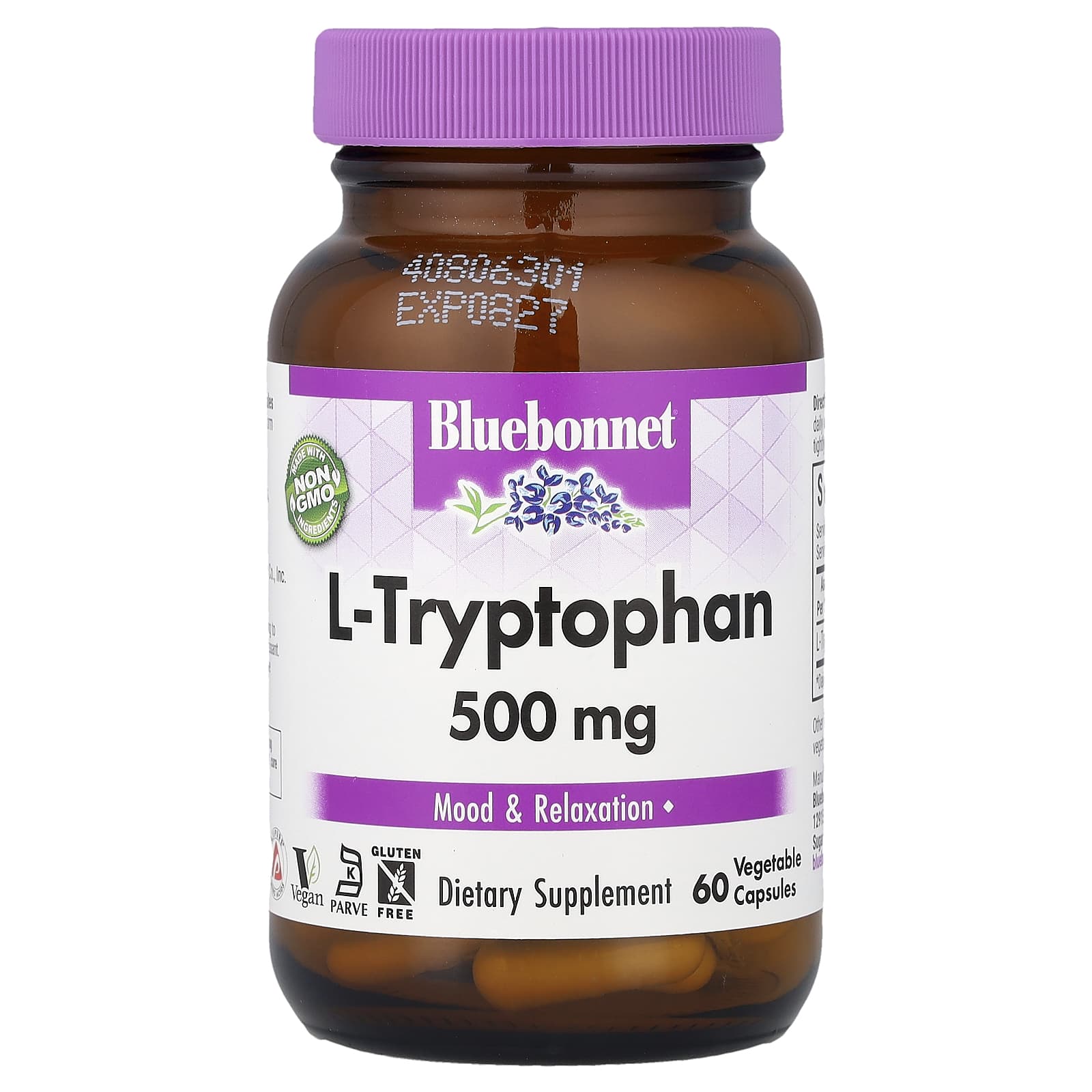 Bluebonnet Nutrition, L-Tryptophan, 500 mg, 60 Vegetable Capsules