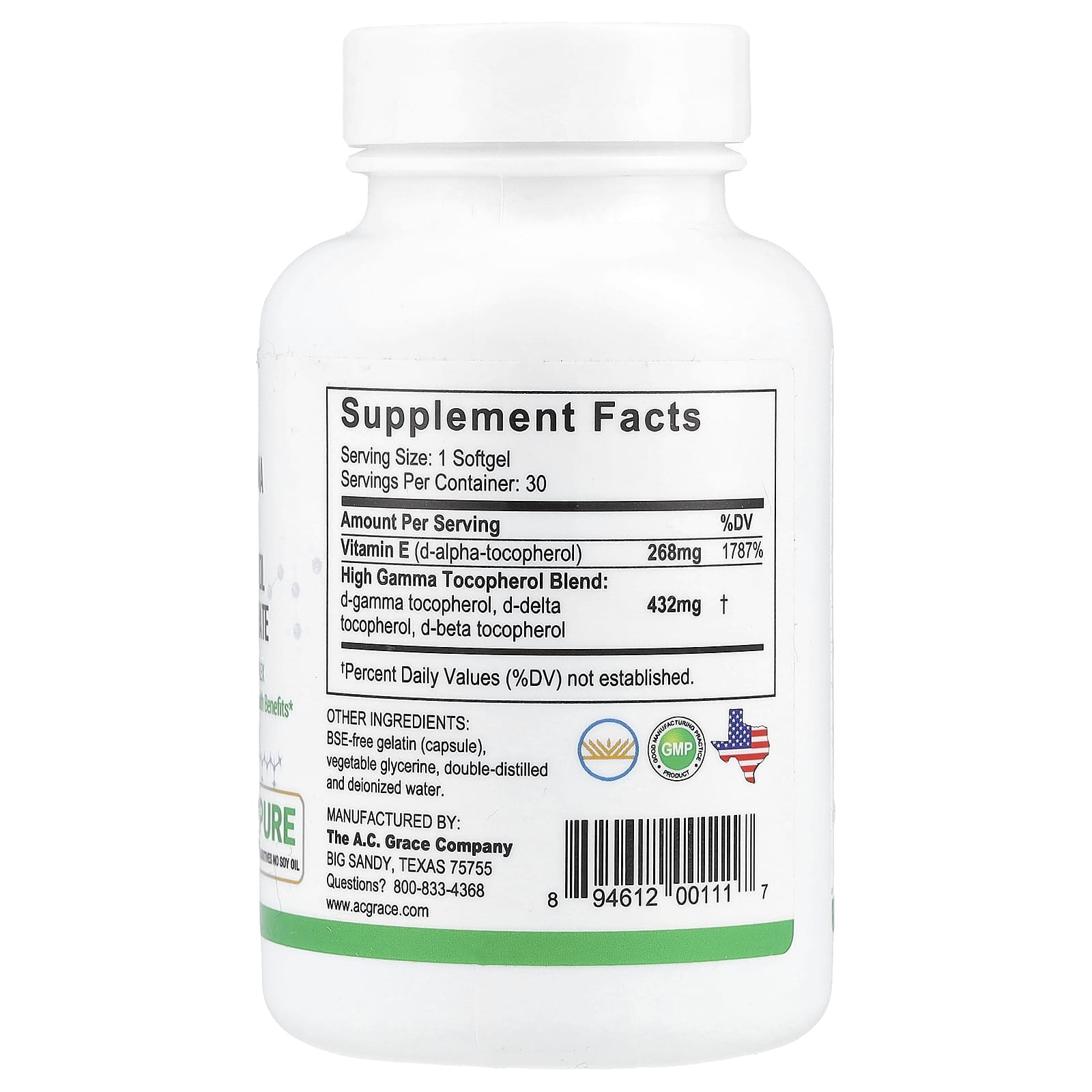 A.C. Grace Company, Unique E®, High Gamma Mixed Tocopherol Concentrate, 30 Softgels