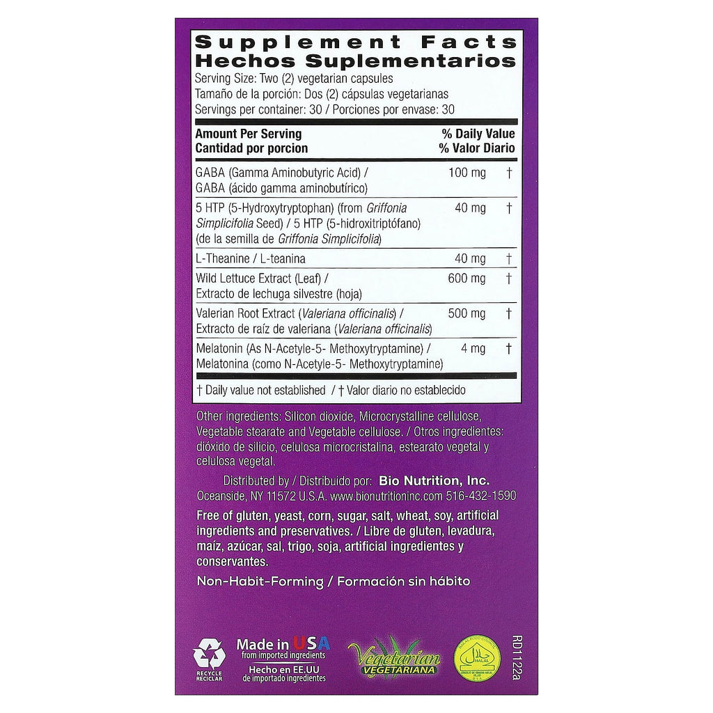 Bio Nutrition, Sleep Wellness with Wild Lettuce Extract, 60 Vegetarian Capsules