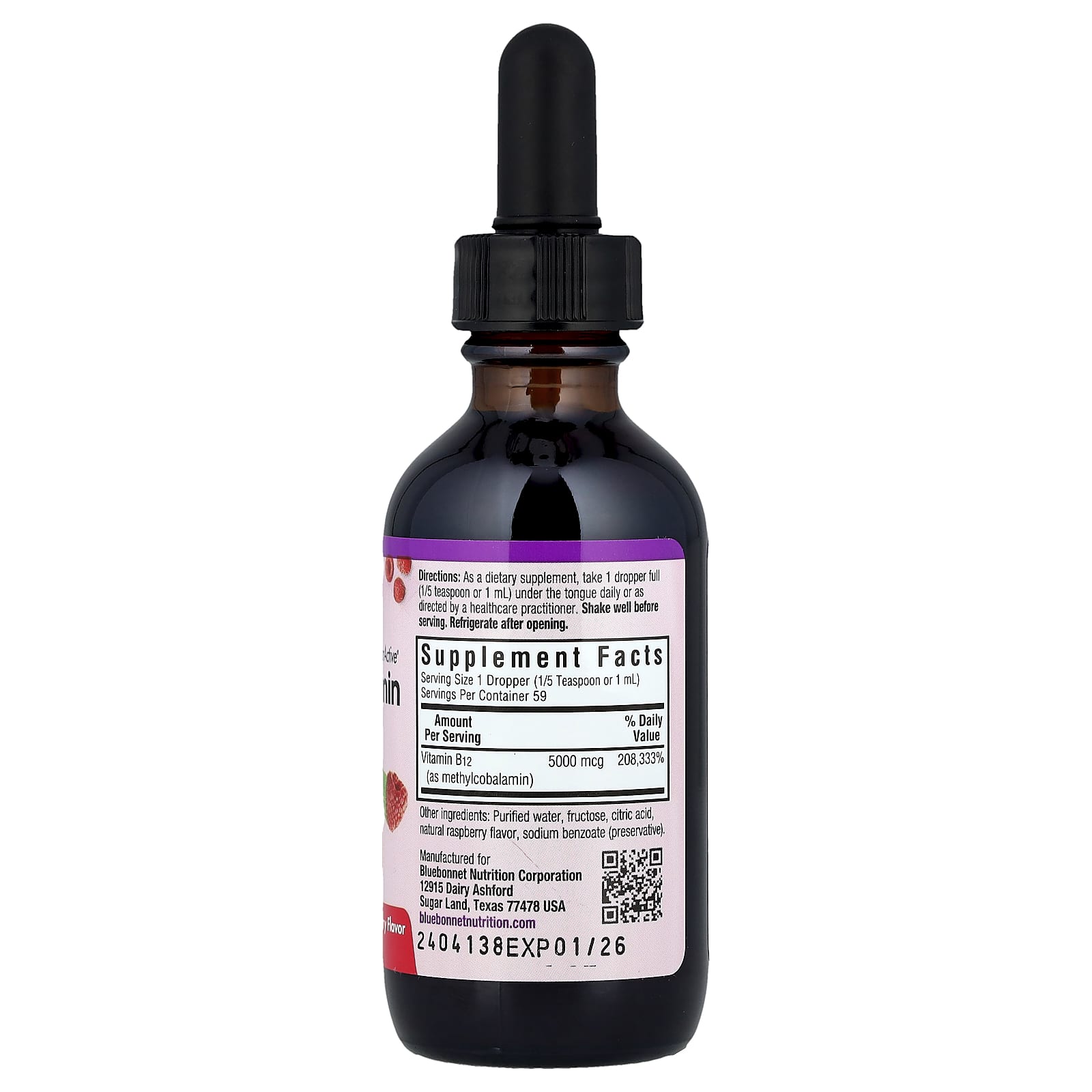 Bluebonnet Nutrition, CellularActive® Liquid Methylcobalamin Vitamin B12, Raspberry, 5,000 mcg, 2 fl oz (59 ml)