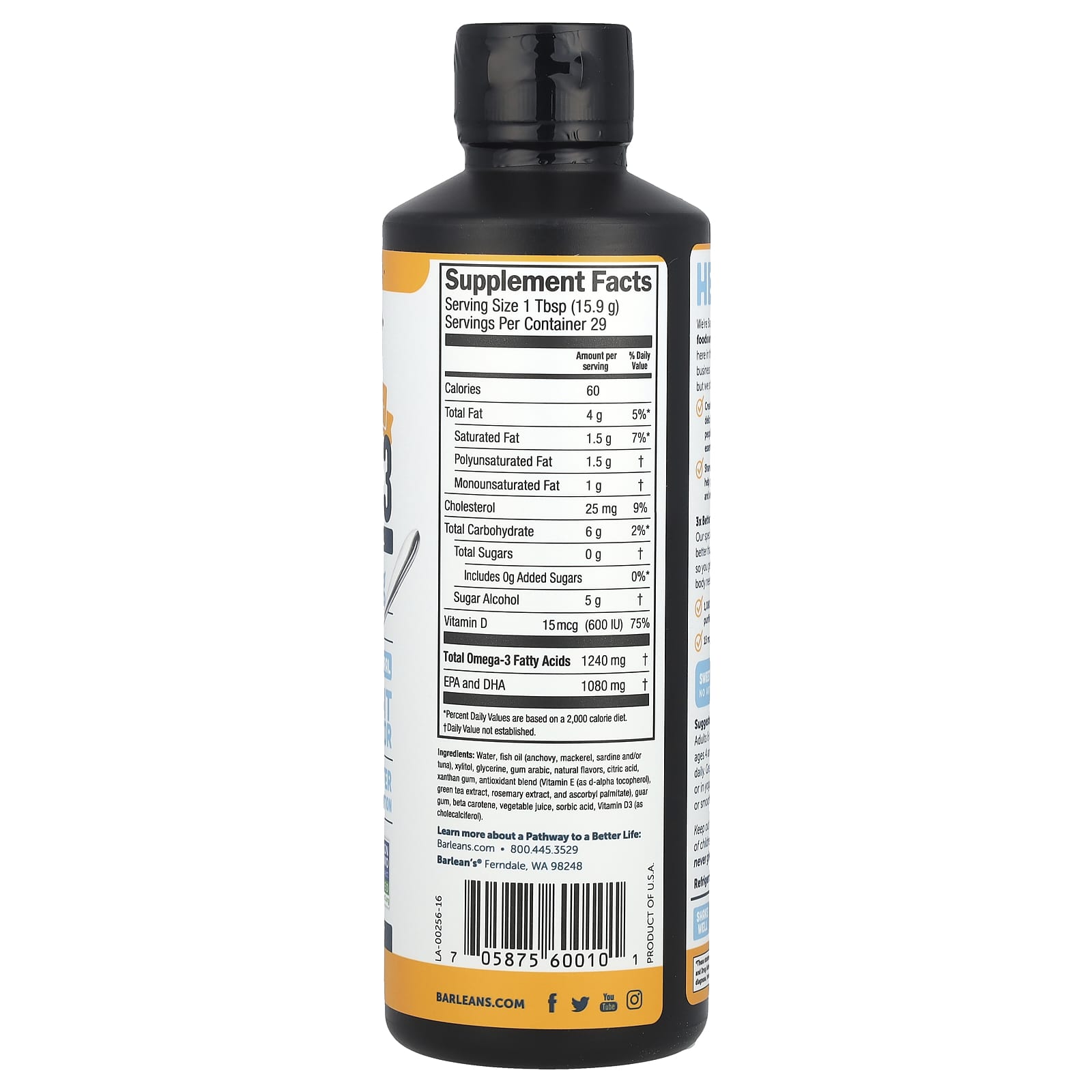 Barlean's, Seriously Delicious®, Omega-3 From Fish Oil + Vitamin D, Mango Peach Smoothie, 16 oz (454 g)