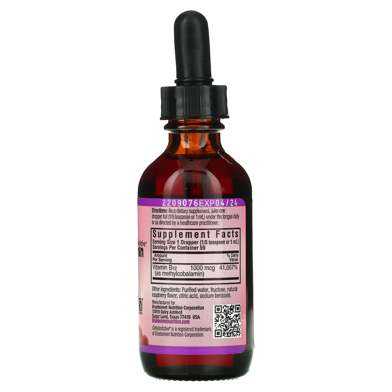 Bluebonnet Nutrition, Liquid CelluarActive Methylcobalamin Vitamin B12, Raspberry, 1,000 mcg, 2 fl oz (59 ml)