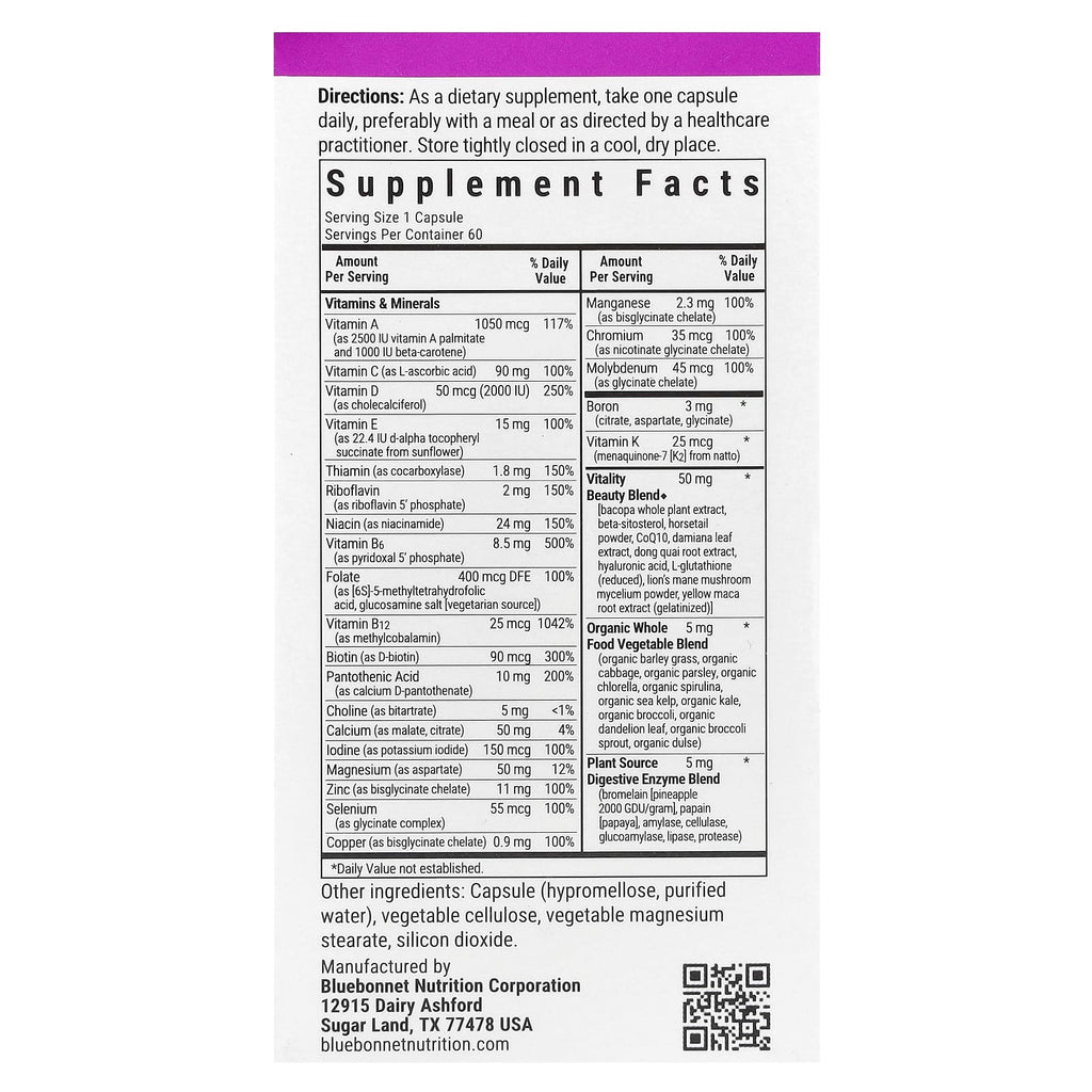 Bluebonnet Nutrition, Ladies' ONE® 40+, Whole Food-Based Multiple, 60 Vegetable Capsules