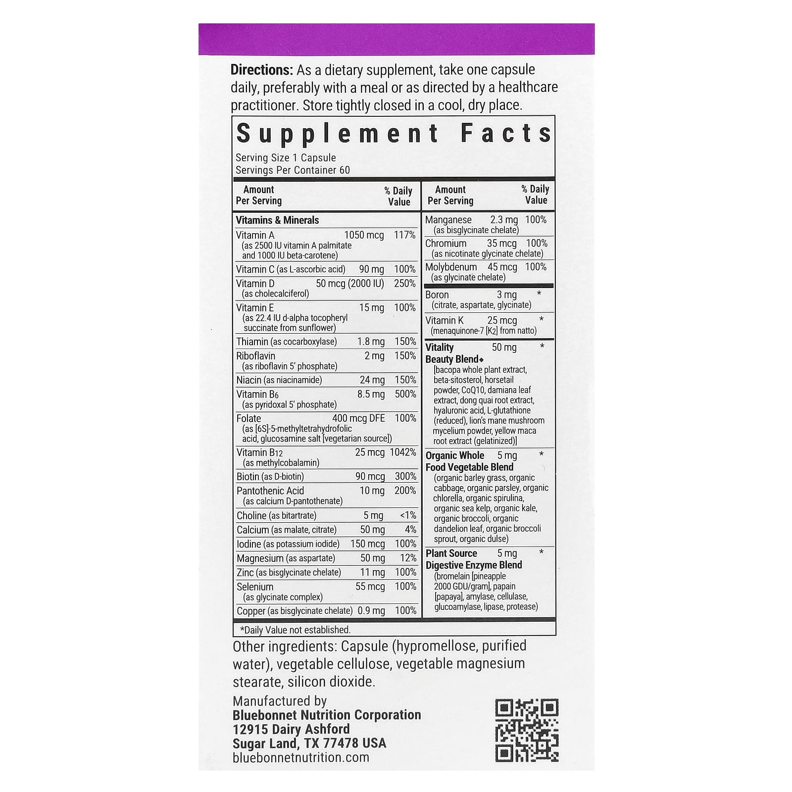 Bluebonnet Nutrition, Ladies' ONE® 40+, Whole Food-Based Multiple, 60 Vegetable Capsules