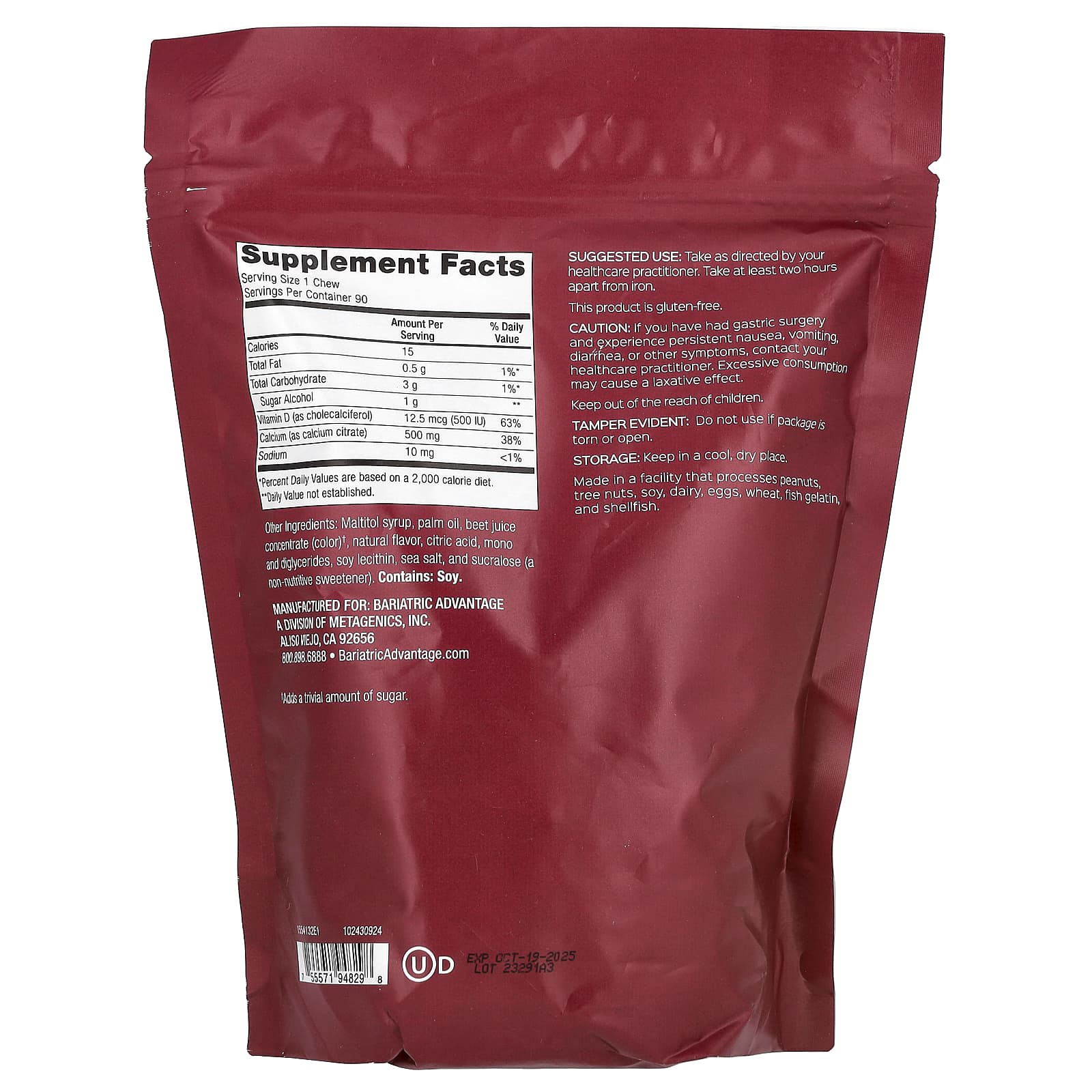 Bariatric Advantage, Calcium Citrate Chewy Bite, Sugar-Free, Raspberry, 90 Soft Chews