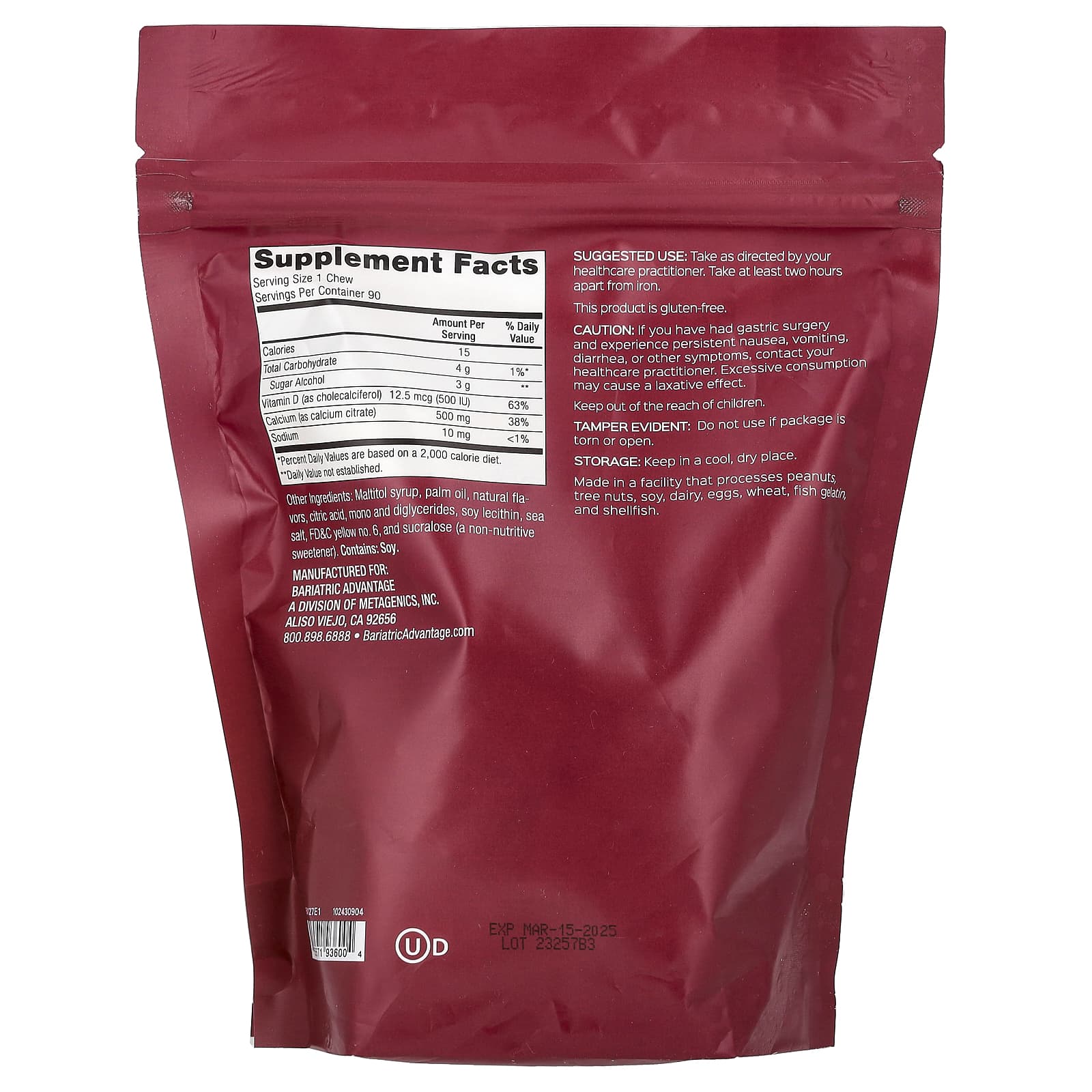 Bariatric Advantage, Calcium Citrate Chewy Bite, Sugar Free, Tropical Orange, 90 Soft Chews