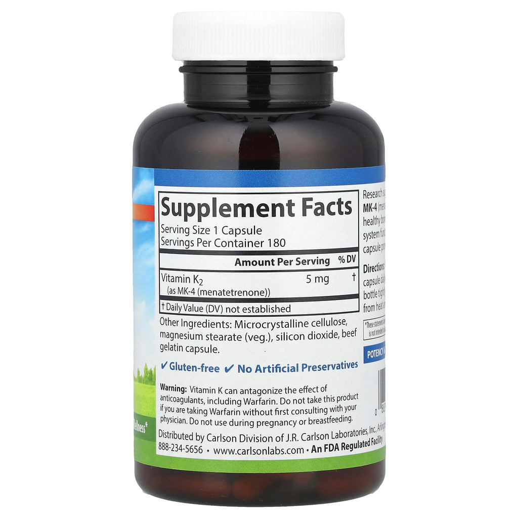 Carlson, Vitamin K2, MK-4 (Menatetrenone), 5 mg, 180 Capsules