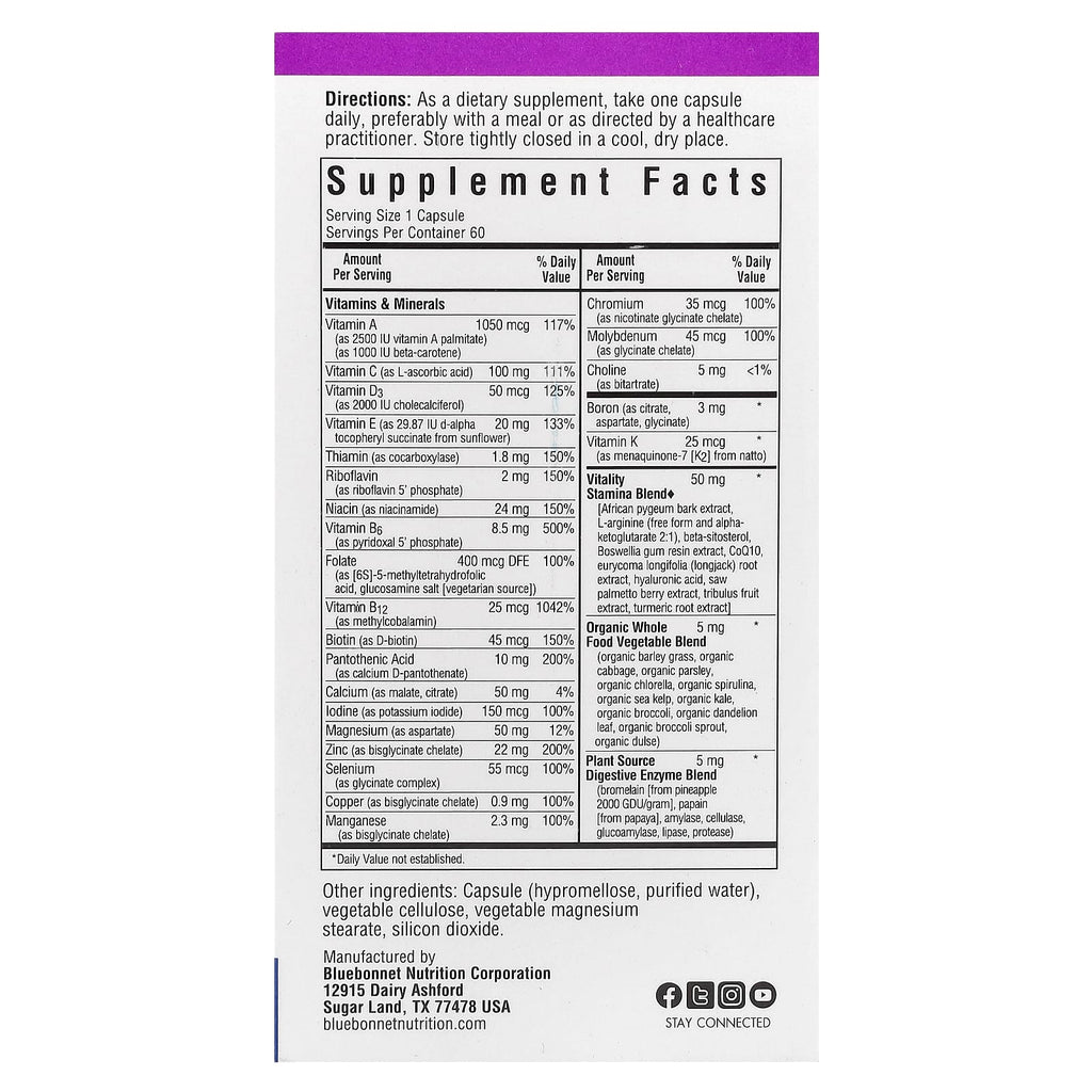 Bluebonnet Nutrition, Men's ONE® 40+, Whole Food- Based Multiple, 60 Vegetable Capsules