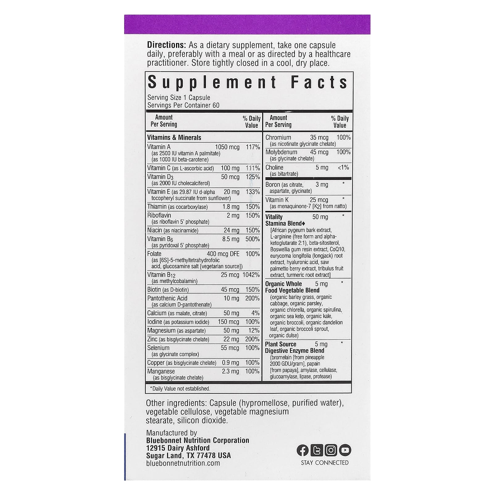 Bluebonnet Nutrition, Men's ONE® 40+, Whole Food- Based Multiple, 60 Vegetable Capsules