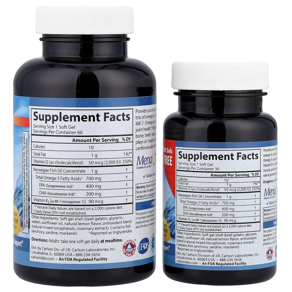 Carlson, Elite Omega-3 Plus D & K, Natural Lemon, 90 Soft Gels