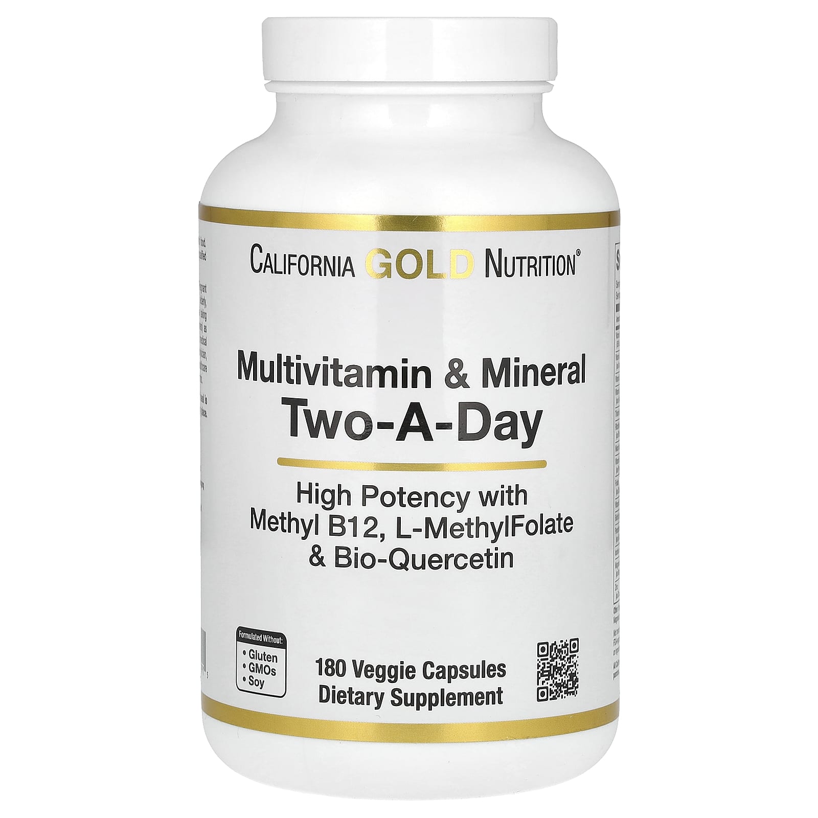 California Gold Nutrition, Multivitamin and Mineral with Methyl B12, Vitamin C, L-MethylFolate and Bio-Quercetin, Two-A-Day, 180 Veggie Capsules