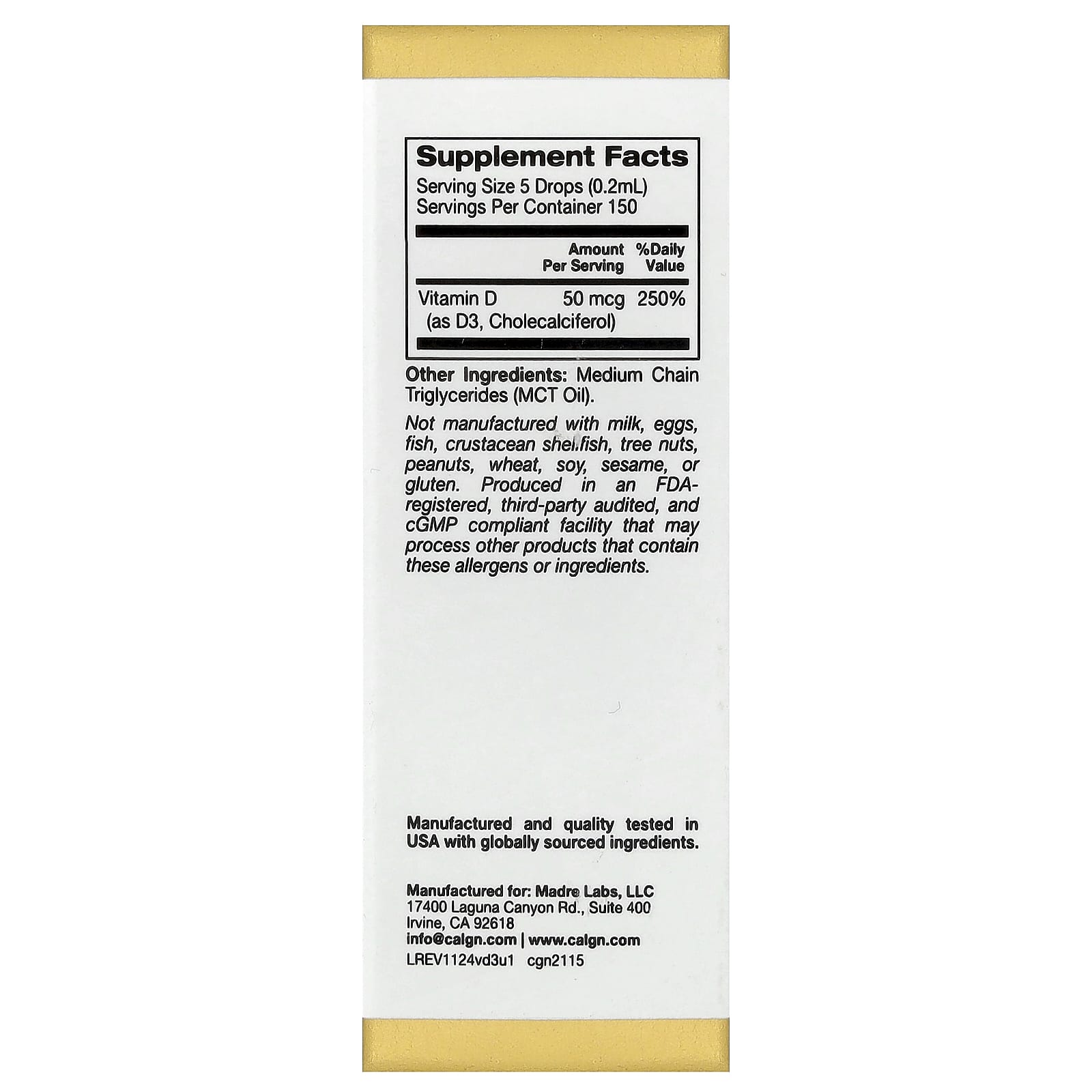 California Gold Nutrition, Vitamin D3, Unflavored, 50 mcg (2,000 IU), 1 fl oz (30 ml)