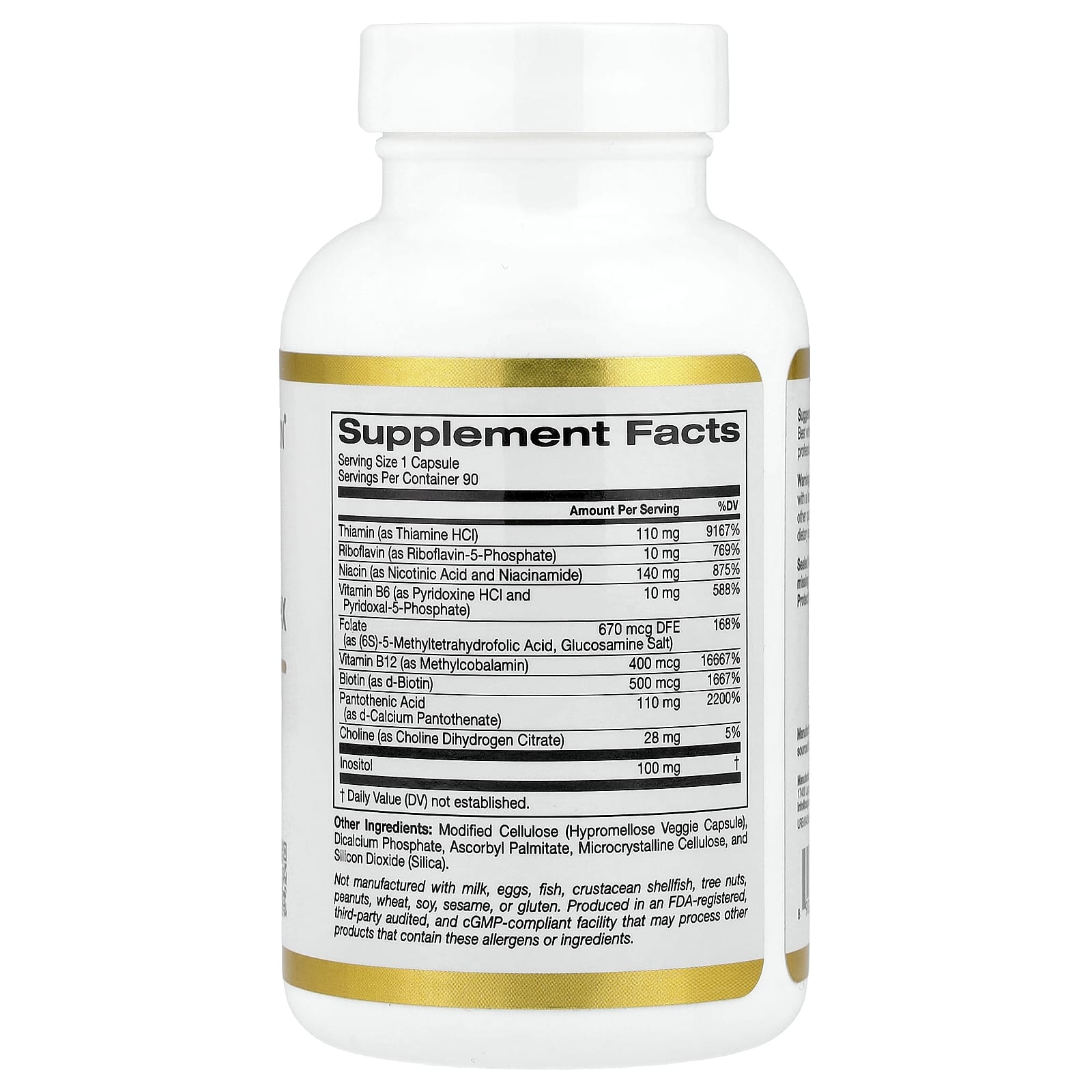 California Gold Nutrition, High Potency Vitamin B Complex with Thiamin HCI, Niacin, Pantothenic Acid and Inositol, 90 Veggie Capsules