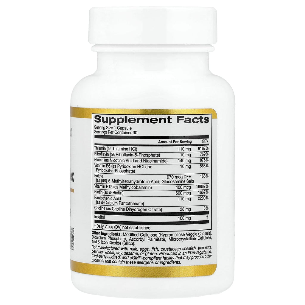 California Gold Nutrition, High Potency Vitamin B Complex with Thiamin HCI, Niacin, Pantothenic Acid and Inositol, 30 Veggie Capsules