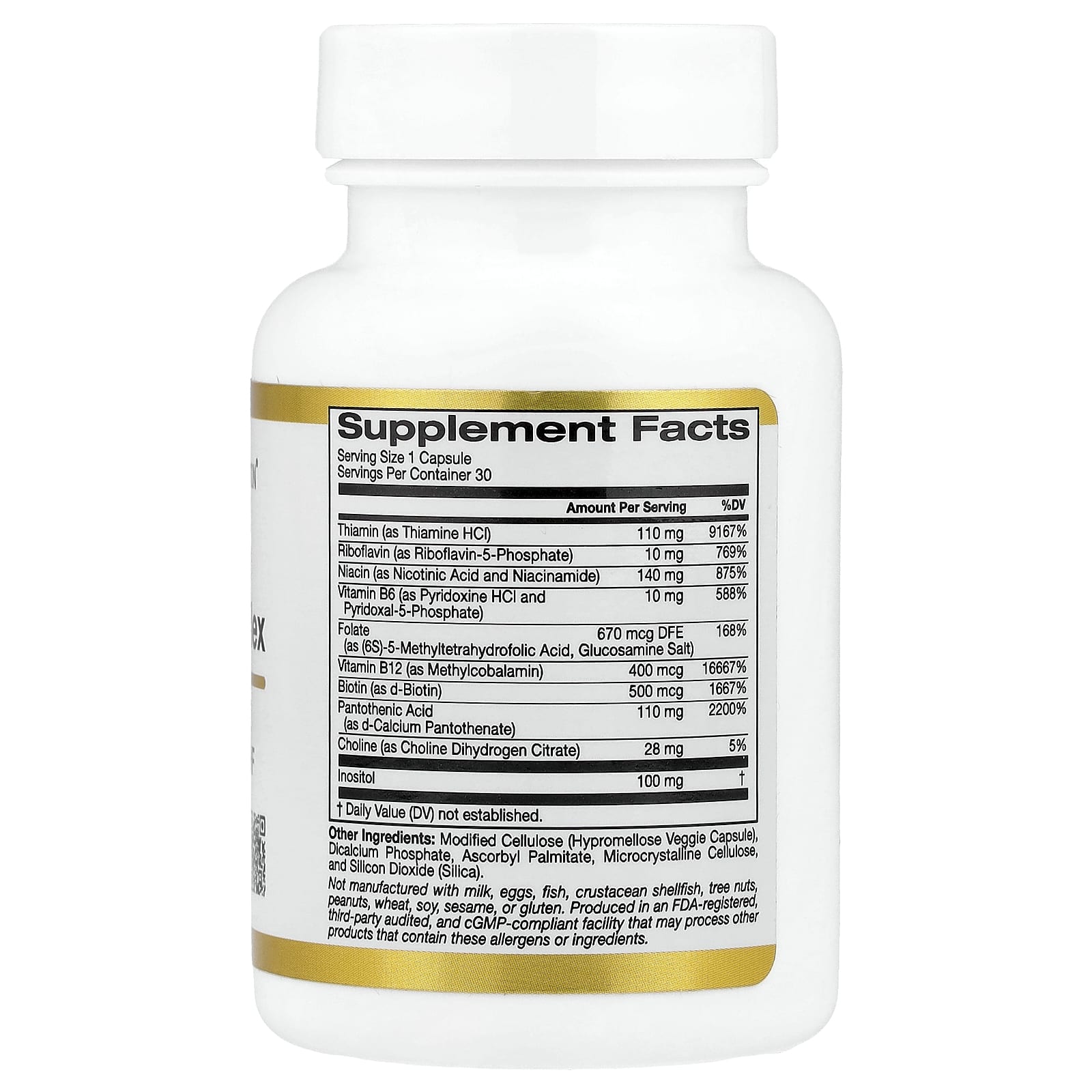 California Gold Nutrition, High Potency Vitamin B Complex with Thiamin HCI, Niacin, Pantothenic Acid and Inositol, 30 Veggie Capsules