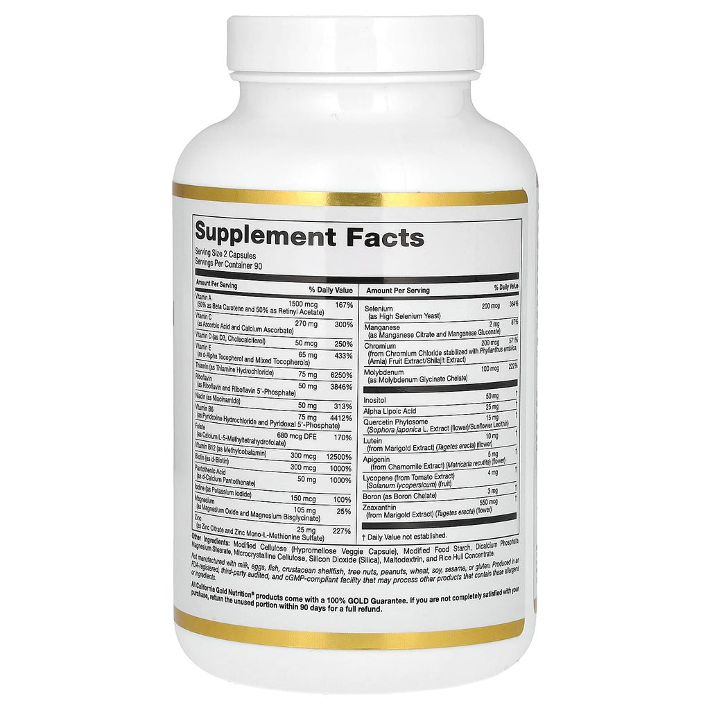 California Gold Nutrition, Multivitamin and Mineral with Methyl B12, Vitamin C, L-MethylFolate and Bio-Quercetin, Two-A-Day, 180 Veggie Capsules