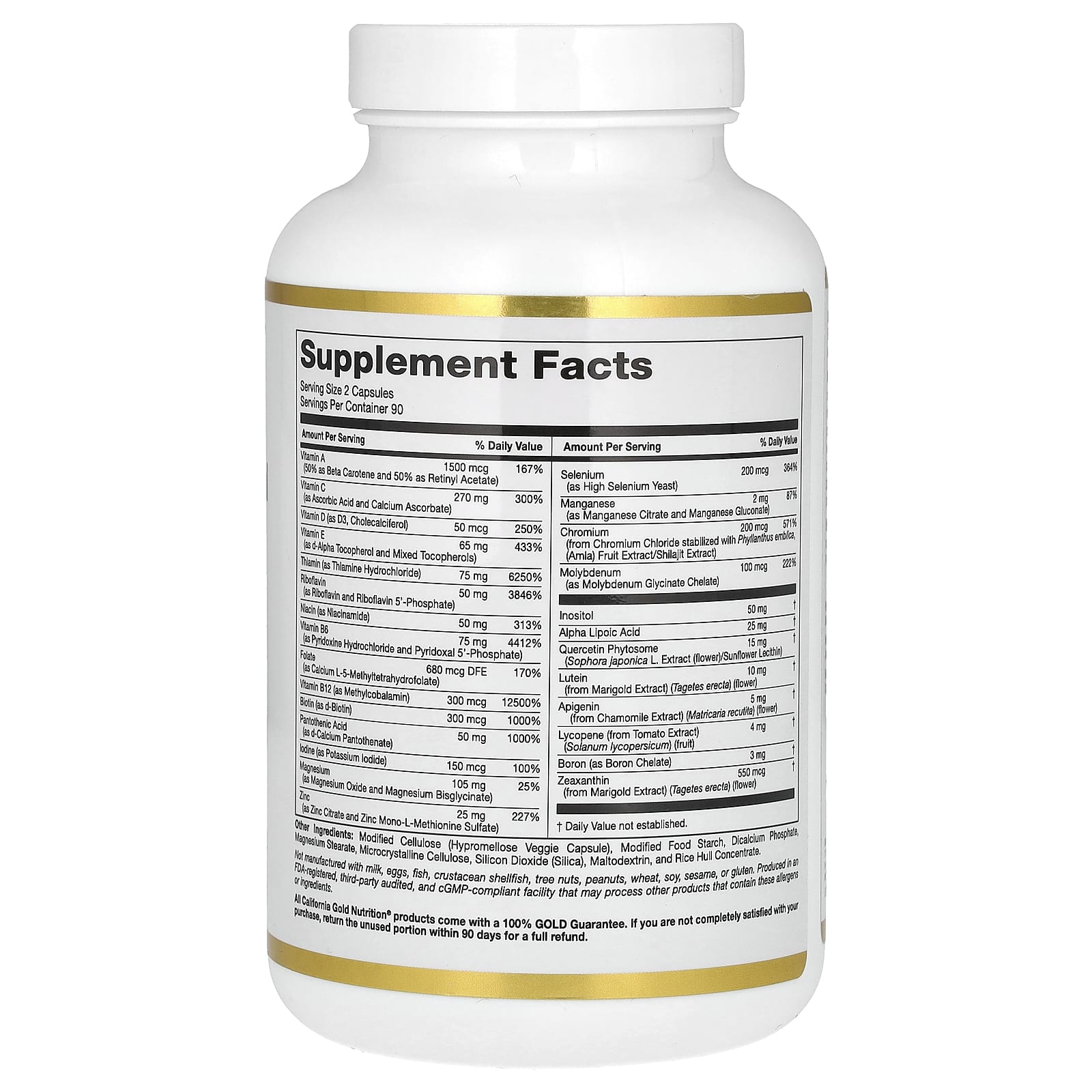 California Gold Nutrition, Multivitamin and Mineral with Methyl B12, Vitamin C, L-MethylFolate and Bio-Quercetin, Two-A-Day, 180 Veggie Capsules