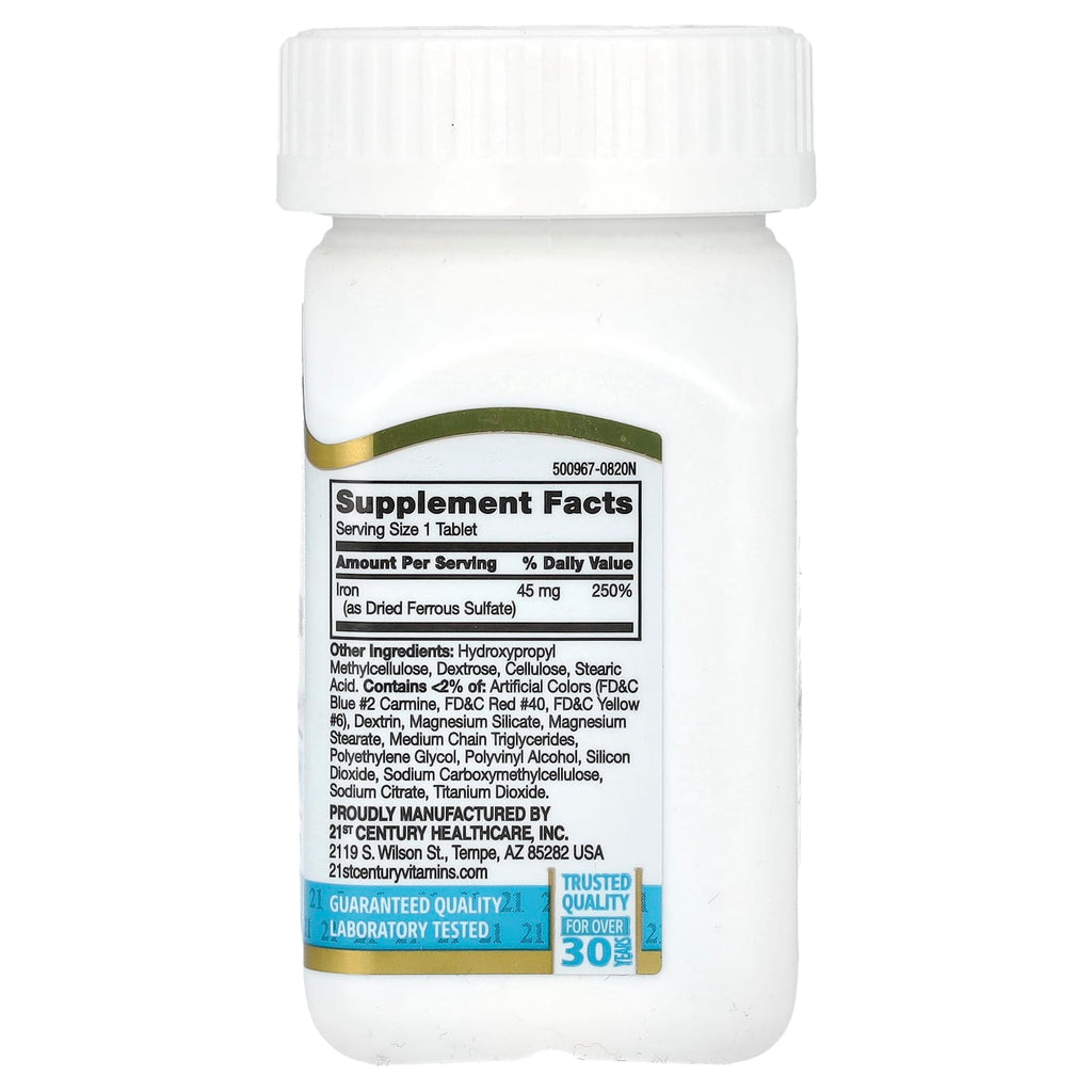 21st Century, Slow Release Iron, High Potency, 45 mg , 60 Tablets