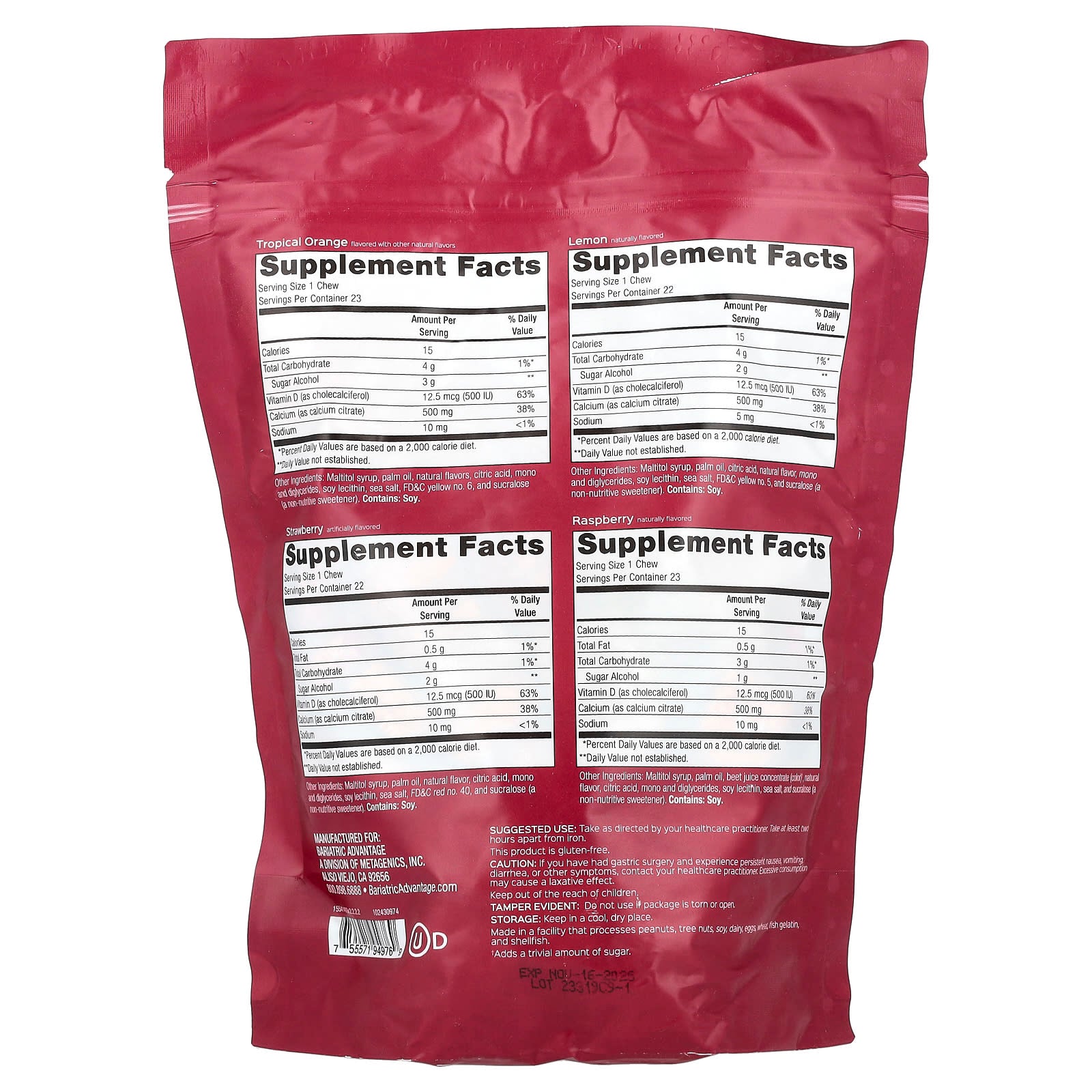 Bariatric Advantage, Calcium Citrate Chewy Bite, Sugar-Free, Assorted Fruit, 90 Soft Chews