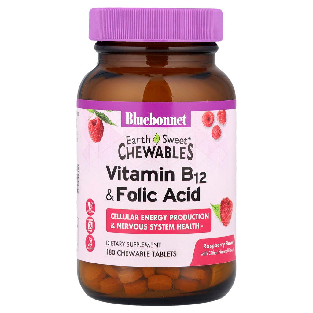 Bluebonnet Nutrition, EarthSweet® Chewables, Vitamin B-12 & Folic Acid, Raspberry, 180 Chewable Tablets