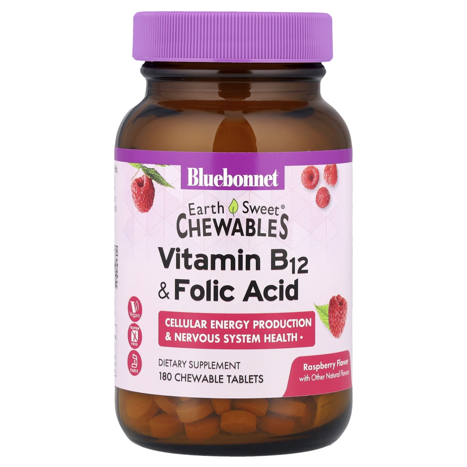 Bluebonnet Nutrition, EarthSweet® Chewables, Vitamin B-12 & Folic Acid, Raspberry, 180 Chewable Tablets