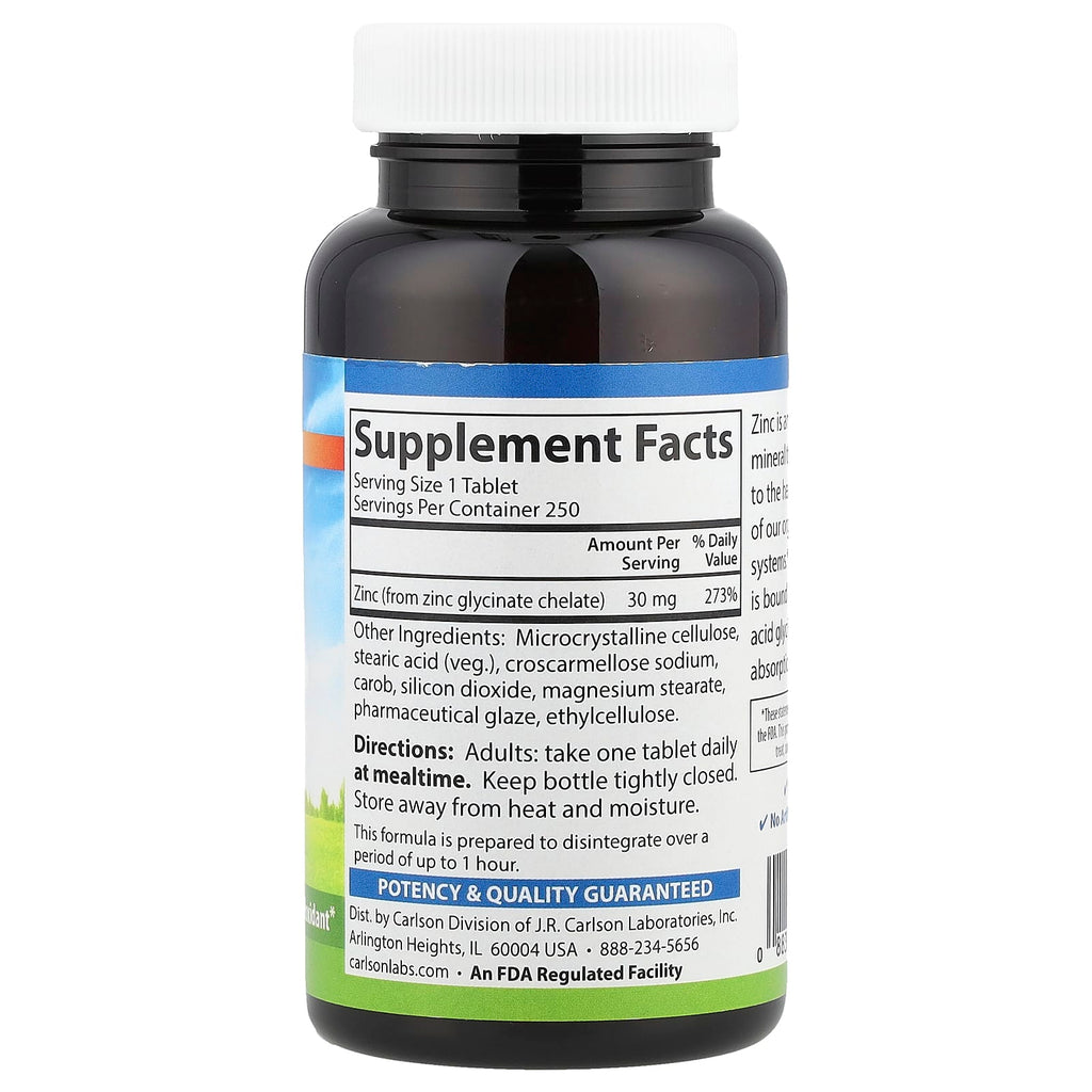 Carlson, Chelated Zinc, 30 mg, 250 Tablets