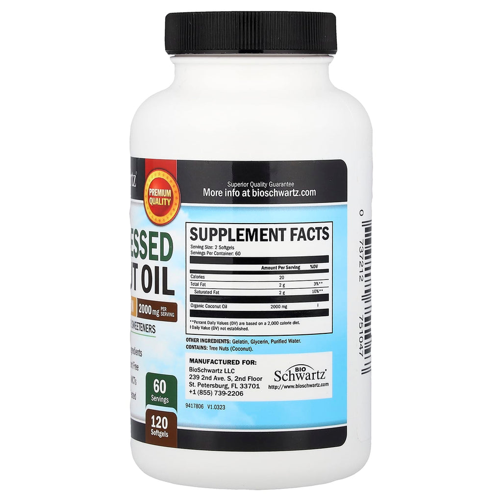 BioSchwartz, Cold Pressed Coconut Oil, Pure Extra Virgin, 120 Softgels (1,000 mg per Softgel)