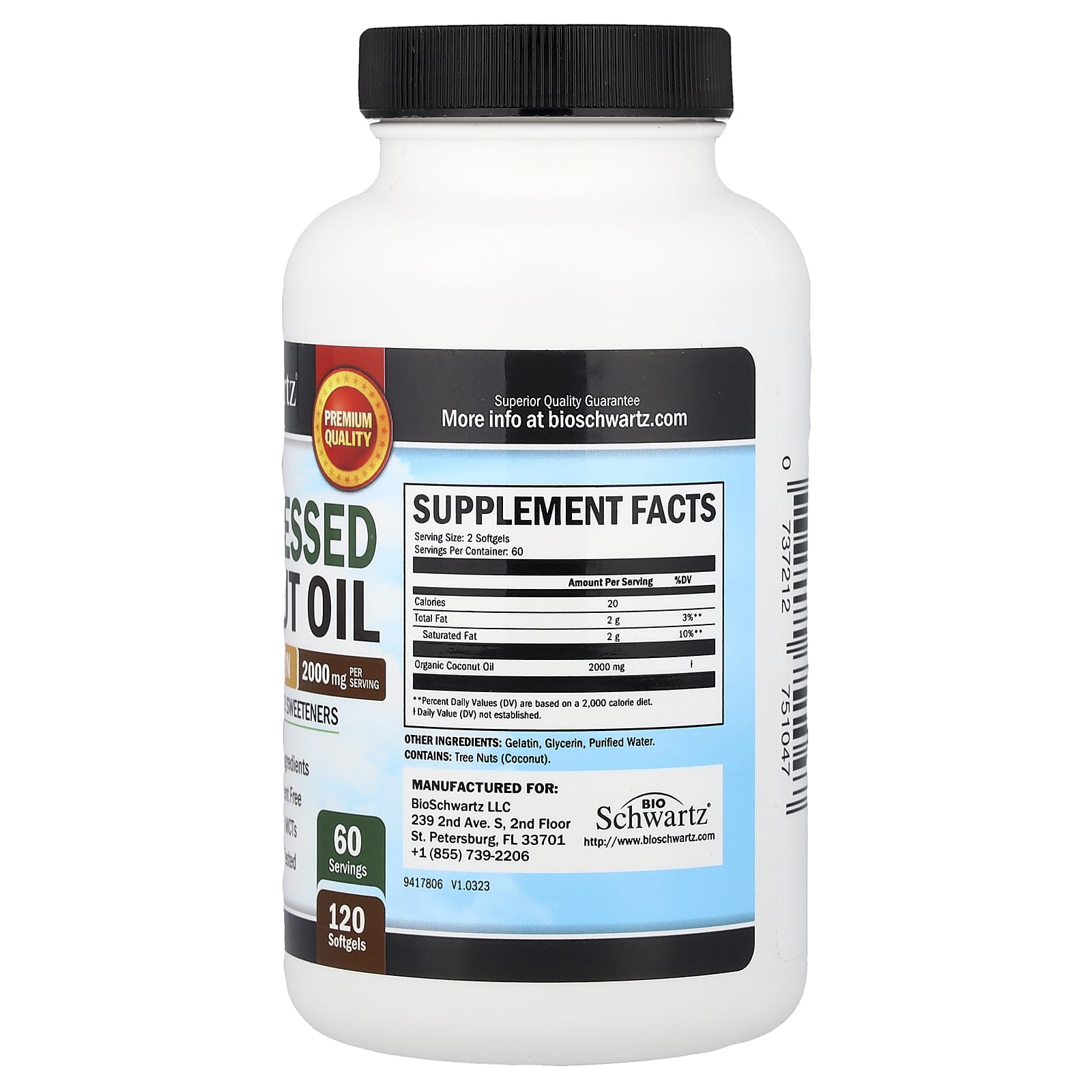 BioSchwartz, Cold Pressed Coconut Oil, Pure Extra Virgin, 120 Softgels (1,000 mg per Softgel)