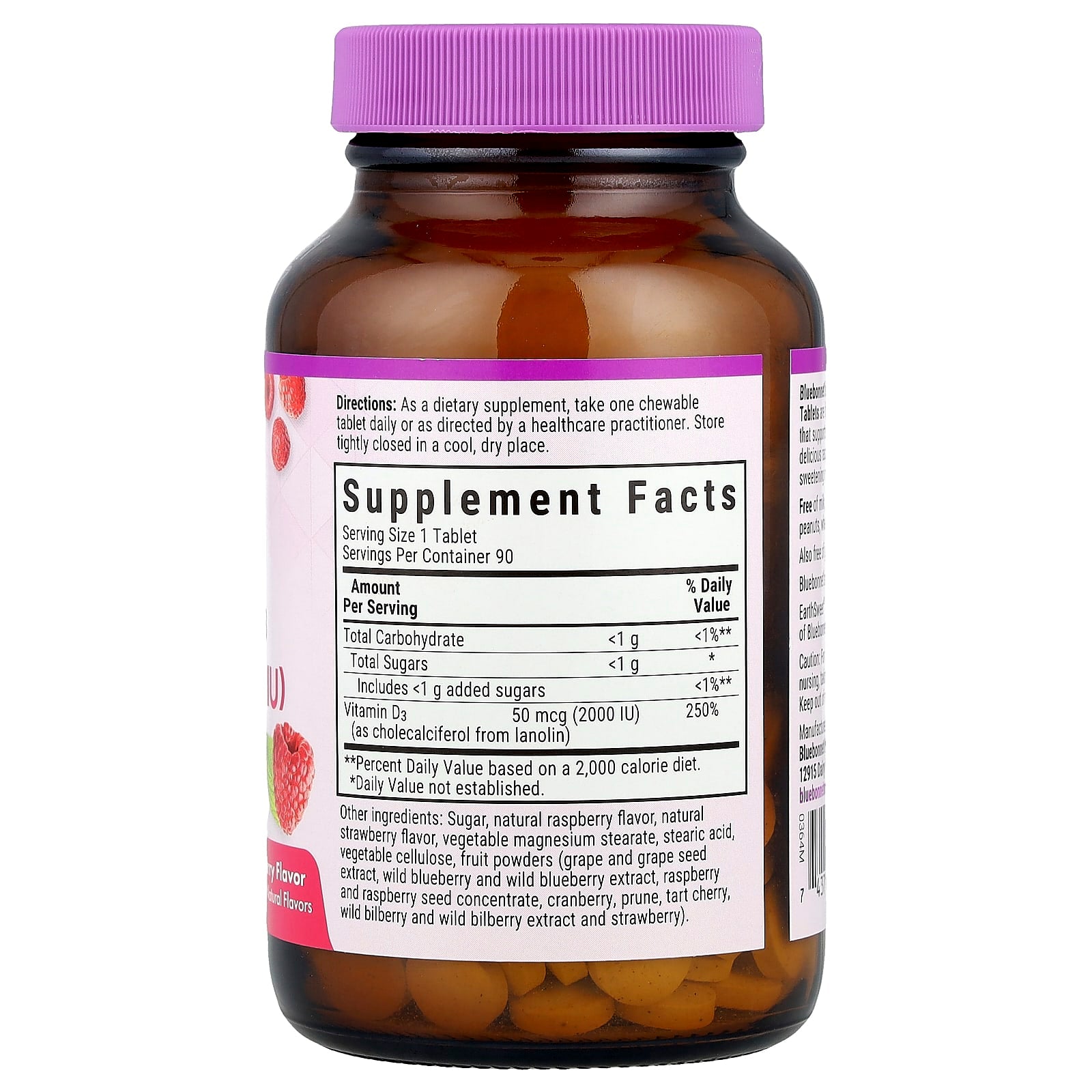 Bluebonnet Nutrition, EarthSweet® Chewables, Vitamin D3, Raspberry, 50 mcg (2,000 IU), 90 Chewable Tablets
