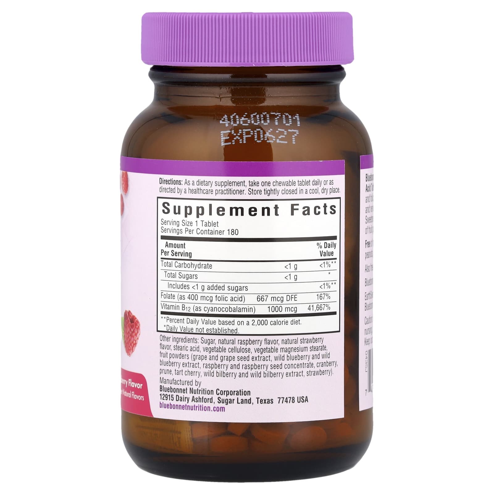 Bluebonnet Nutrition, EarthSweet® Chewables, Vitamin B-12 & Folic Acid, Raspberry, 180 Chewable Tablets