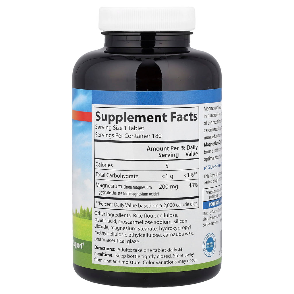 Carlson, Chelated Magnesium Glycinate, 200 mg, 180 Tablets