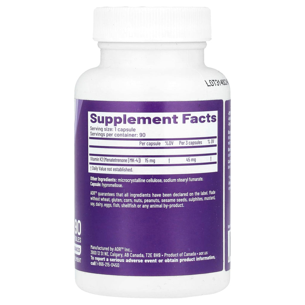 Advanced Orthomolecular Research AOR, Peak K2, 15 mg, 90 Capsules