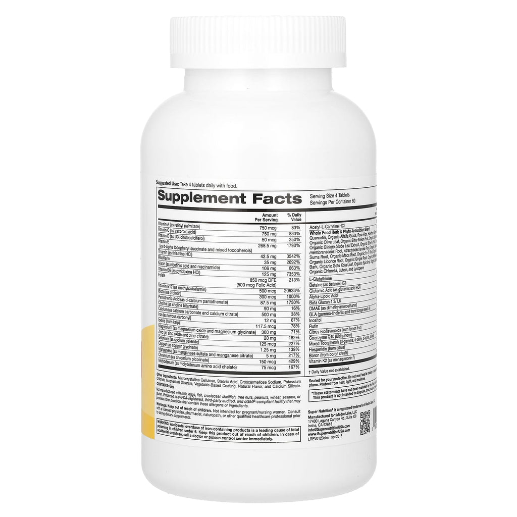 Super Nutrition, Super Immune, Immune-Strengthening Multivitamin with Glutathione, High-Potency Vitamins, Minerals and Herbs, 240 Tablets