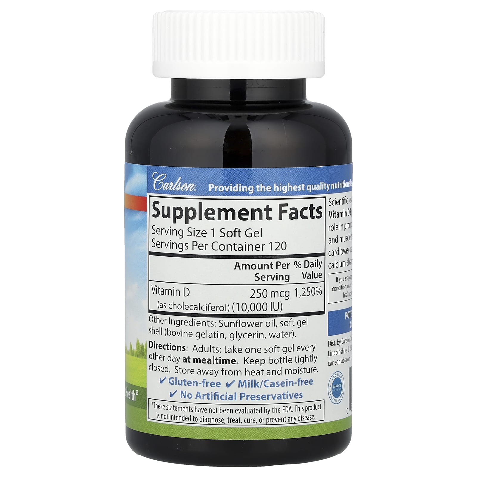 Carlson, Vitamin D3, 250 mcg (10,000 IU), 120 Soft Gels