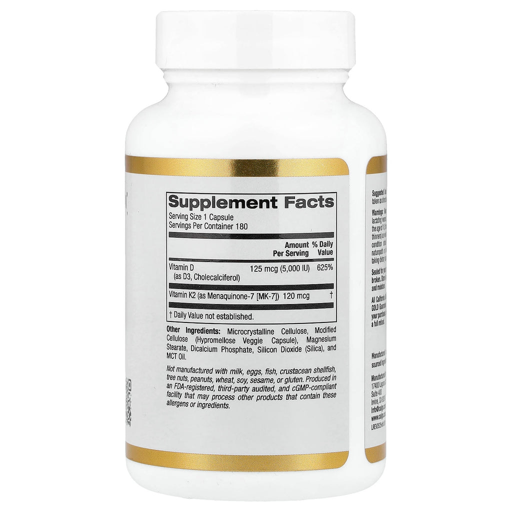 California Gold Nutrition, Vitamin D3 + K2 as MK-7, 180 Veggie Capsules