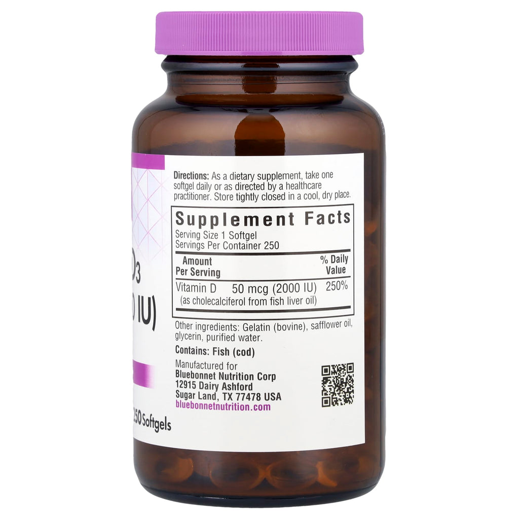 Bluebonnet Nutrition, Vitamin D3, 50 mcg (2,000 IU), 250 Softgels