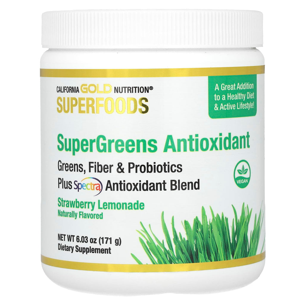 California Gold Nutrition, Superfoods, Supergreens Antioxidant with Fiber, Pre/Probiotic Blend, Plus Spectra™ Antioxidant Blend, Strawberry Lemonade, 6.03 oz (171 g)