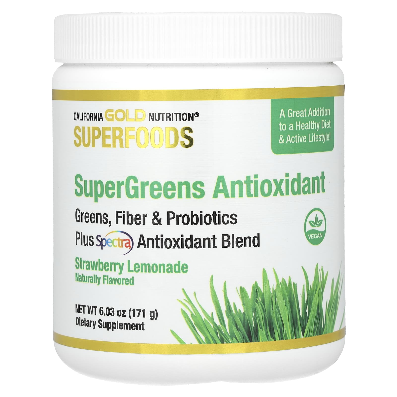 California Gold Nutrition, Superfoods, Supergreens Antioxidant with Fiber, Pre/Probiotic Blend, Plus Spectra™ Antioxidant Blend, Strawberry Lemonade, 6.03 oz (171 g)