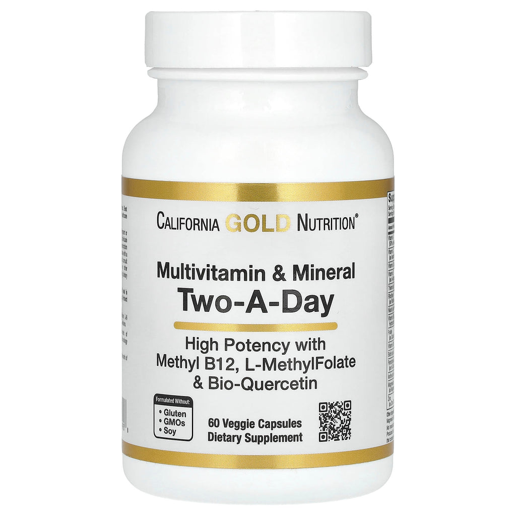 California Gold Nutrition, Multivitamin and Mineral with Methyl B12, Vitamin C, L-MethylFolate and Bio-Quercetin, Two-A-Day, 60 Veggie Capsules