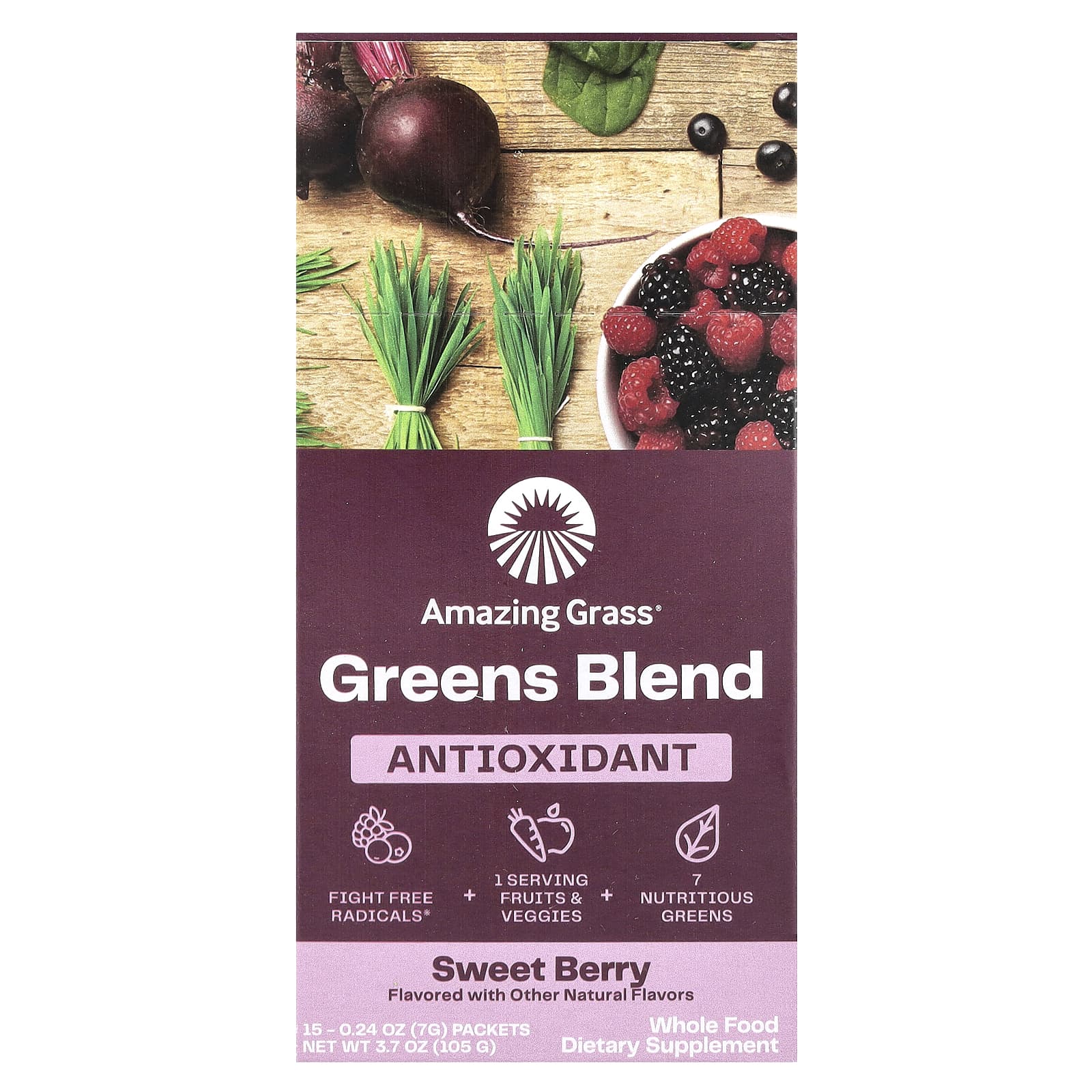 Amazing Grass, Greens Blend, Antioxidant, Sweet Berry, 15 Packets, 0.24 oz (7 g) Each