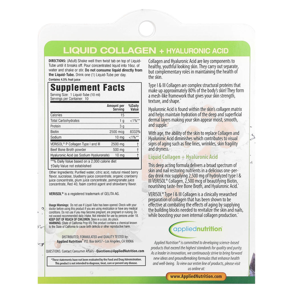 Applied Nutrition, Liquid Collagen + Hyaluronic Acid, 10 Liquid-Tubes, 3.35 fl oz (100 ml)