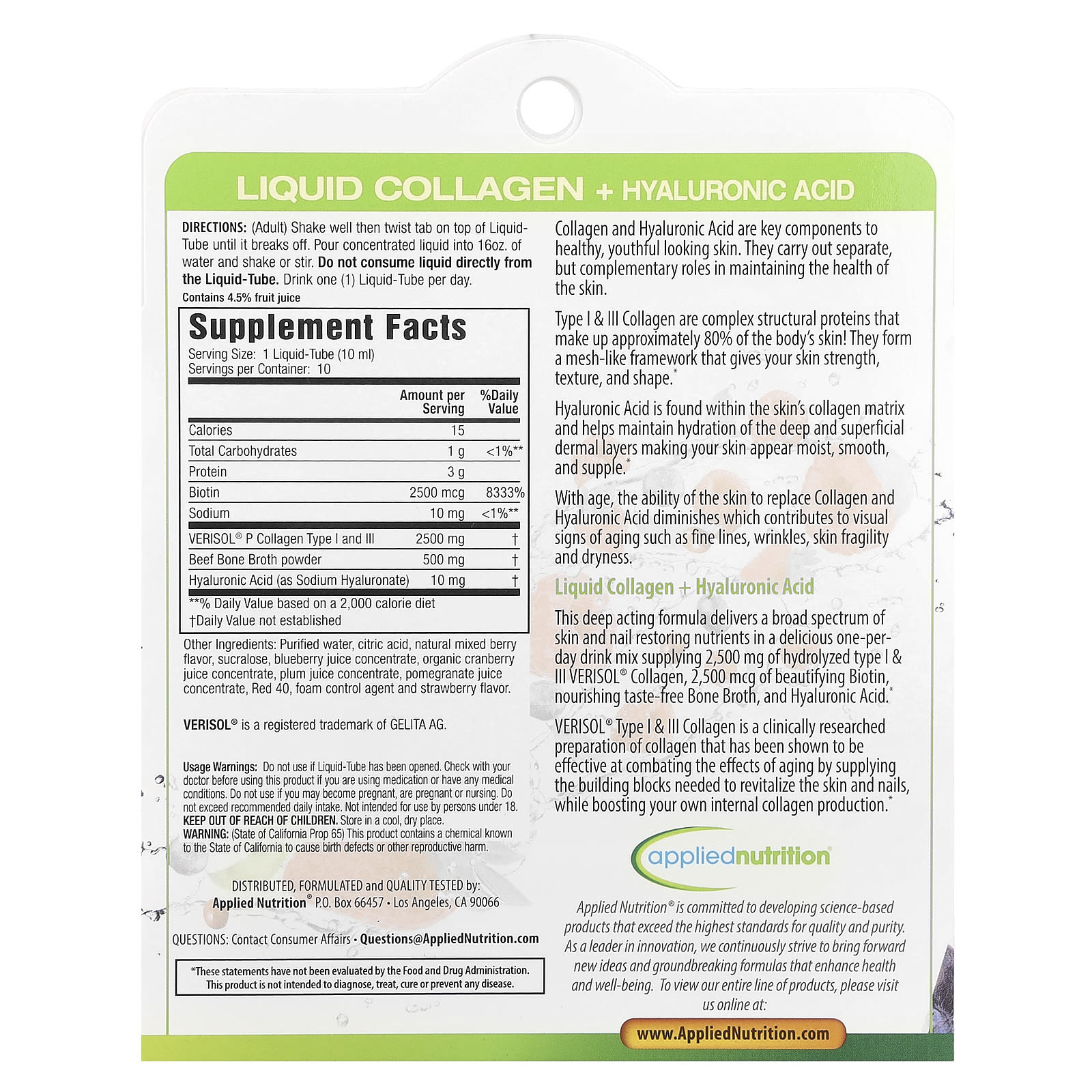 Applied Nutrition, Liquid Collagen + Hyaluronic Acid, 10 Liquid-Tubes, 3.35 fl oz (100 ml)