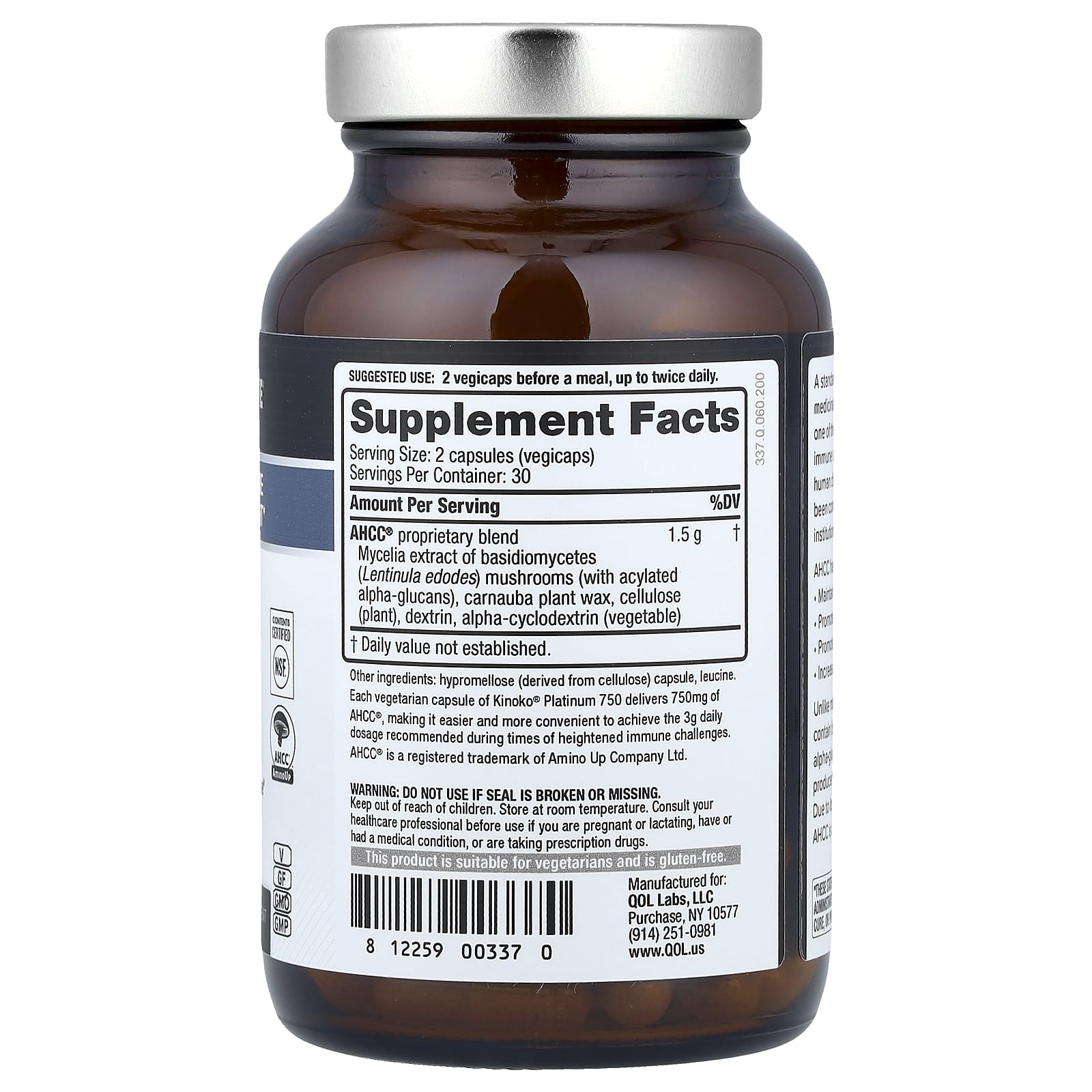 Quality of Life, Kinoko® Platinum AHCC®, 750 mg, 60 Vegicaps