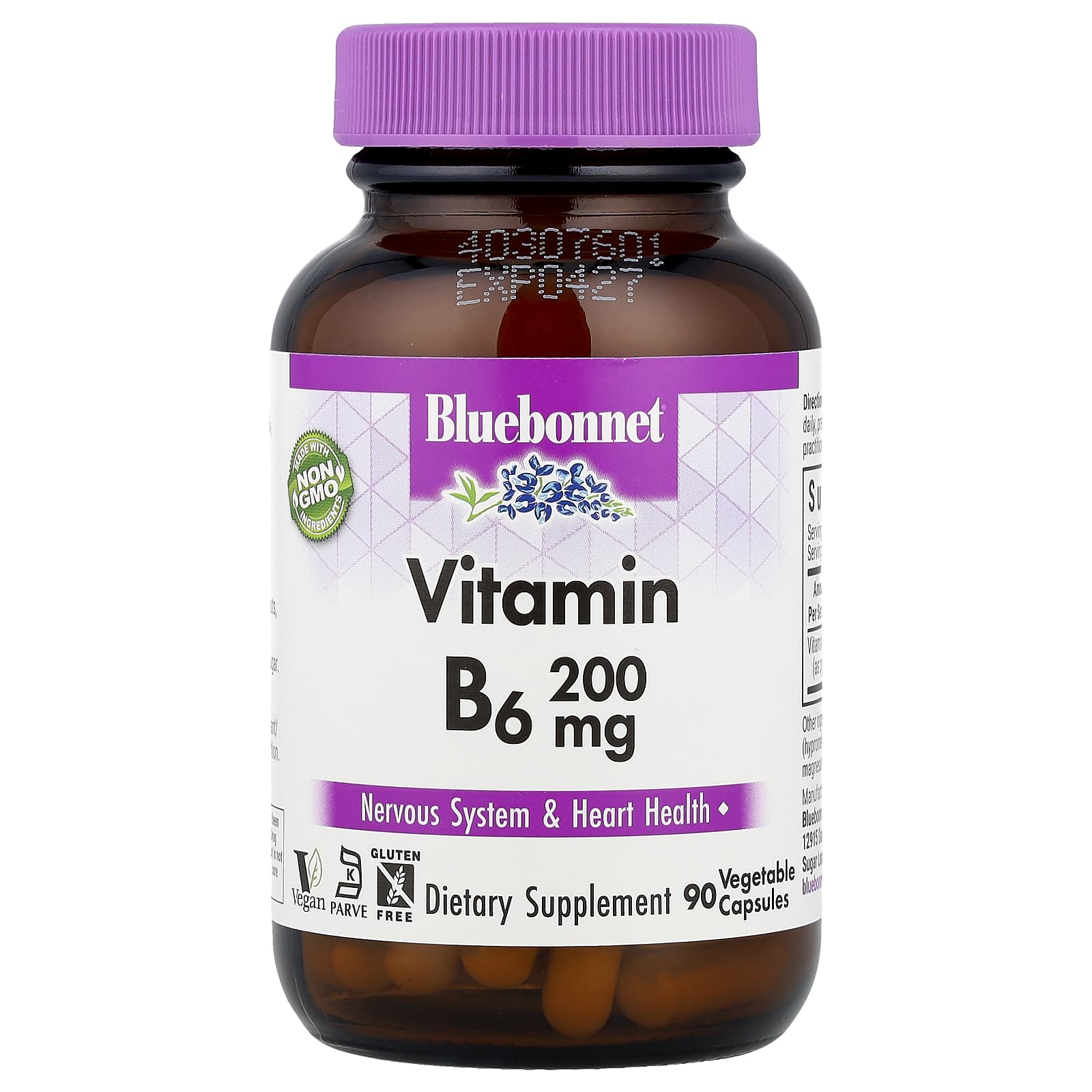 Bluebonnet Nutrition, Vitamin B6, 200 mg, 90 Vegetable Capsules