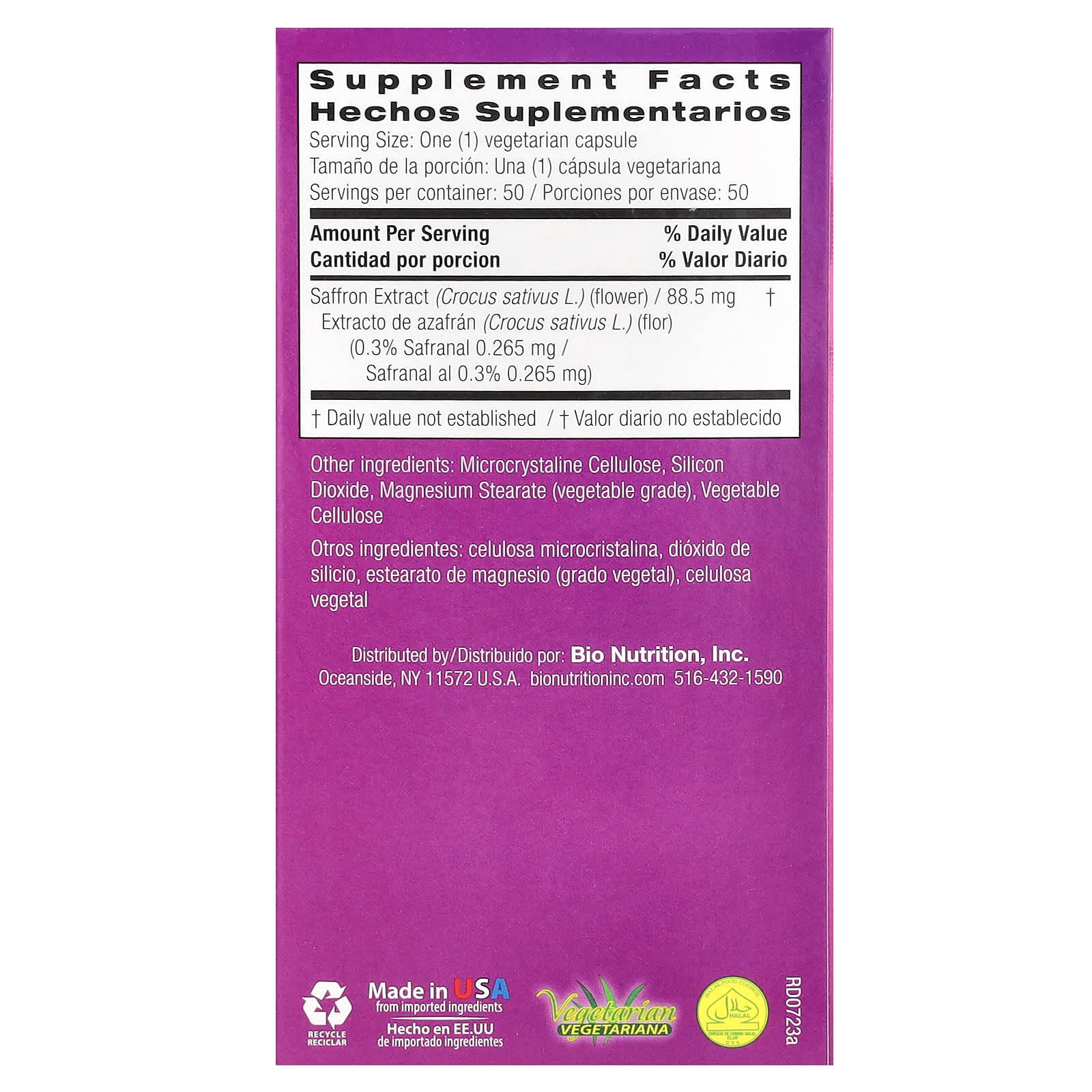 Bio Nutrition, Saffron Extract, 88.5 mg, 50 Vegetarian Capsules