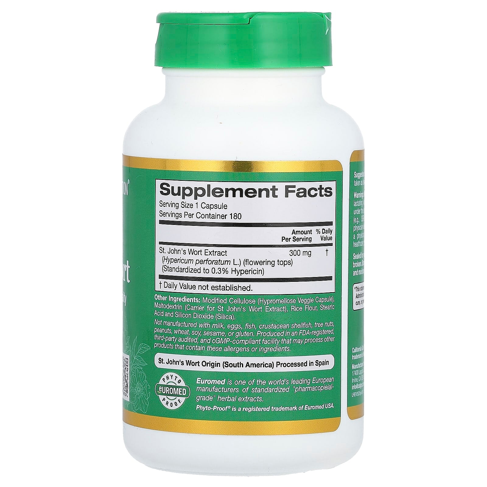 California Gold Nutrition, EuroHerbs, St. John's Wort Extract, Euromed Quality, 300 mg, 180 Veggie Capsules