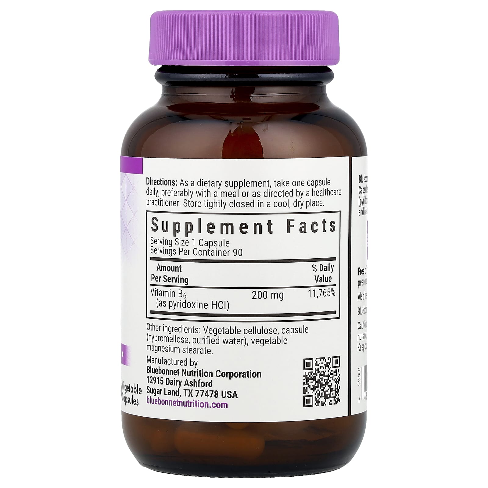 Bluebonnet Nutrition, Vitamin B6, 200 mg, 90 Vegetable Capsules